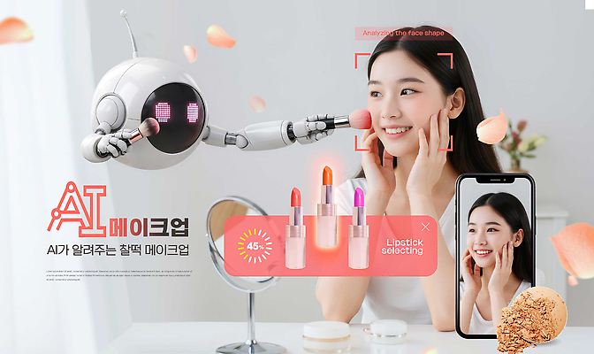 PSD 편집이미지 여자 화장 스크린 촬영 진료 거울 립스틱 도구 분석 의료성형뷰티 얼굴인식 AI_인공지능 이미지편집 컨셉 의학 사람 뷰티 화장품 생체인식기술 파일형식