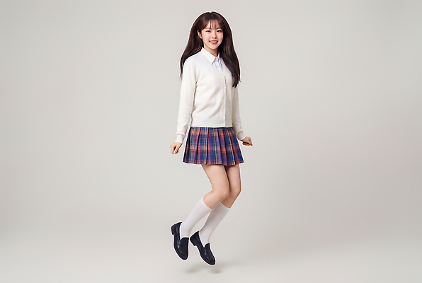 JPG 편집이미지 학생 여학생 여자 교복 포즈 모션 청소년 웃음 치마 점프 체크 체크무늬 의료성형뷰티 편집실사 AI인물포토 AI콘텐츠 옷 무늬 하의 표정 사람 CG 파일형식 AI포토