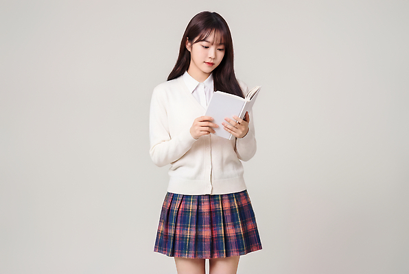JPG 편집이미지 여학생 여자 교육 교복 모션 청소년 사람 책 학습 치마 독서 집중 읽기 카디건 의료성형뷰티 편집실사 AI인물포토 AI콘텐츠 학생 옷 컨셉 하의 외투 CG 파일형식 AI포토