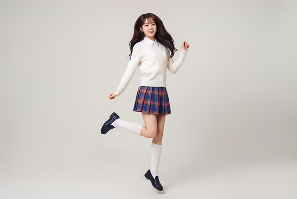 JPG 편집이미지 학생 긴머리 여학생 여자 교복 포즈 셔츠 모션 청소년 웃음 치마 체크 체크무늬 의료성형뷰티 편집실사 AI인물포토 AI콘텐츠 헤어스타일 옷 상의 무늬 하의 표정 사람 CG 파일형식 AI포토