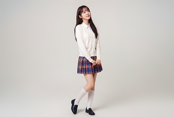 JPG 편집이미지 학생 긴머리 옷 여학생 여자 교복 청소년 양말 서기 미소 블라우스 플리츠스커트 의료성형뷰티 편집실사 AI인물포토 AI콘텐츠 헤어스타일 상의 모션 표정 사람 치마 CG 파일형식 AI포토