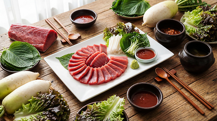 JPG 편집이미지 음식 채소 육류 식사 신선 양념 상추 무 참치 해산물 깻잎 참치회 편집실사 AI포토 AI콘텐츠 식재료 뿌리채소 어류 생선회 CG 파일형식