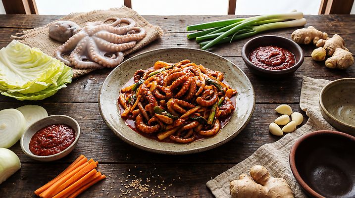 JPG 편집이미지 한식 음식 채소 재료 양파 마늘 당근 양념 해산물 준비 생강 주꾸미 쭈꾸미볶음 편집실사 AI포토 AI콘텐츠 연체동물 뿌리채소 수중동물 CG 볶음 파일형식