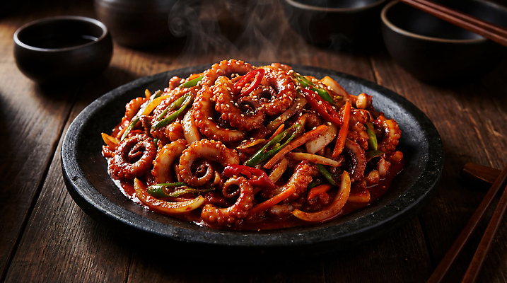 JPG 편집이미지 접시 한식 음식 한국 식사 뜨거움 양념 맛 해산물 볶음 주꾸미 쭈꾸미볶음 편집실사 AI포토 AI콘텐츠 식기 아시아 컨셉 연체동물 수중동물 CG 파일형식
