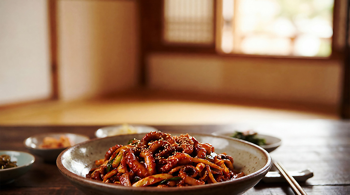 JPG 편집이미지 전통 한식 음식 반찬 한옥 한국 식사 맛 미역국 제철 주꾸미 쭈꾸미볶음 편집실사 AI포토 AI콘텐츠 한국전통 아시아 컨셉 고건축 연체동물 수중동물 CG 볶음 국 파일형식