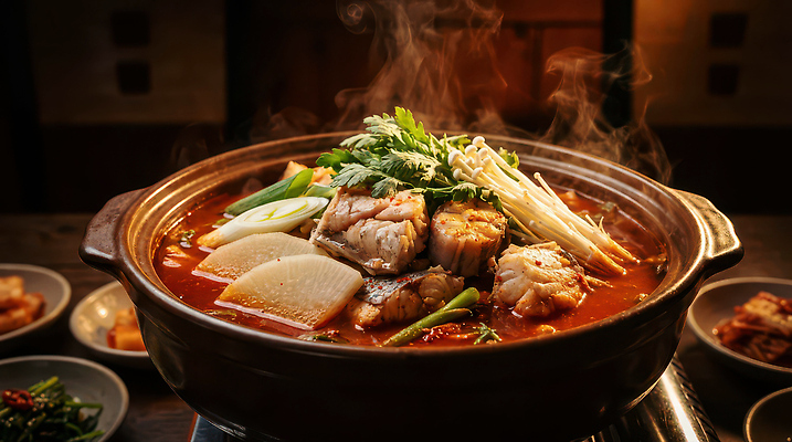 JPG 편집이미지 한식 채소 반찬 요리 식사 상차림 해산물 뚝배기 국물 매운탕 끓이기 우럭 우럭탕 편집실사 AI포토 AI콘텐츠 음식 모션 어류 CG 탕 파일형식