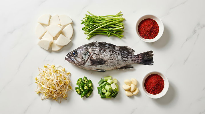 JPG 편집이미지 한식 채소 재료 고추 마늘 어류 요리 신선 무 해산물 준비 콩나물 쑥갓 매운탕 고춧가루 숙주 우럭 우럭탕 편집실사 AI포토 AI콘텐츠 음식 뿌리채소 수중동물 가루 CG 탕 나물 파일형식