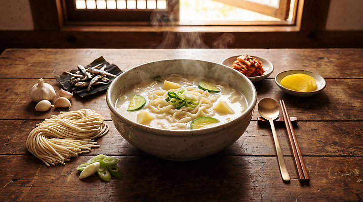 JPG 편집이미지 한식 음식 재료 창문 김치 한옥 따뜻함 마늘 요리 식사 국수 단무지 칼국수 대파 멸치 편집실사 AI포토 AI콘텐츠 한국전통 고건축 채소 어류 면류 CG 파 파일형식