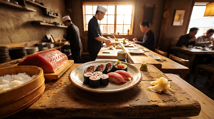 JPG 편집이미지 재료 탁자 주방 식당 요리사 초밥 생선회 참치 고객 해산물 외식 먹거리 일본음식 참치초밥 편집실사 AI포토 AI콘텐츠 직업 음식 가구 어류 상점 회 CG 파일형식