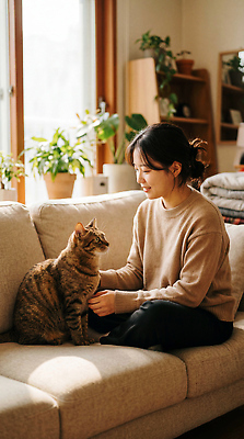 JPG 식물 동물 편집이미지 여자 가구 창문 놀이 사랑 일상 생활 반려동물 소파 햇빛 고양이 방 의료성형뷰티 편집실사 AI인물포토 AI콘텐츠 감정 생활용품 의자 포유류 사람 라이프 빛 CG 파일형식 AI포토