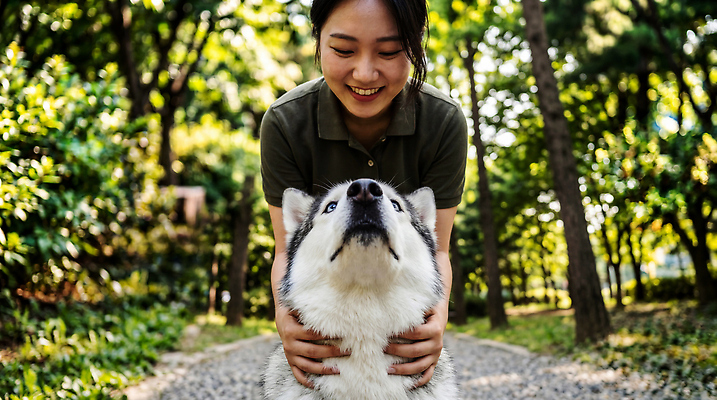 JPG 나무 동물 편집이미지 응시 공원 여자 반려견 모션 자연 웃음 사람 초원 반려동물 산책 개 강아지 시베리안허스키 즐거움 의료성형뷰티 편집실사 AI인물포토 AI콘텐츠 식물 시선 공공시설 감정 포유류 휴식 표정 CG 생태계 파일형식 AI포토 컨셉 시설