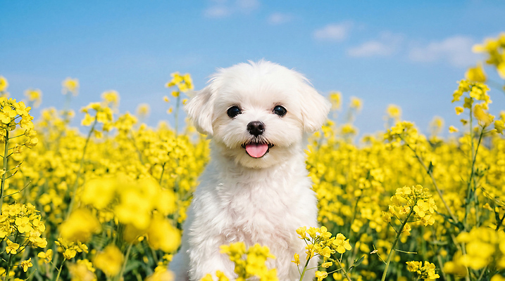 JPG 동물 편집이미지 공원 꽃 행복 자연 하늘 웃음 풍경 반려동물 산책 말티즈 개 유채 편집실사 AI포토 AI콘텐츠 식물 공공시설 감정 포유류 휴식 표정 CG 생태계 파일형식