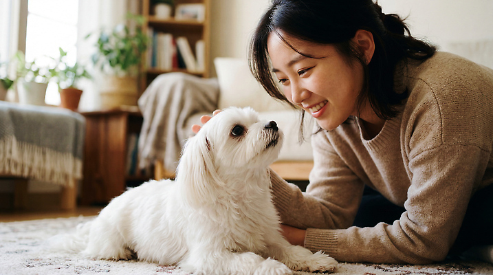 JPG 편집이미지 여자 행복 거실 놀이 집안 털 사랑 반려동물 시간 말티즈 강아지 즐거움 소통 의료성형뷰티 편집실사 AI인물포토 AI콘텐츠 동물 감정 컨셉 실내 사람 개 CG 파일형식 AI포토