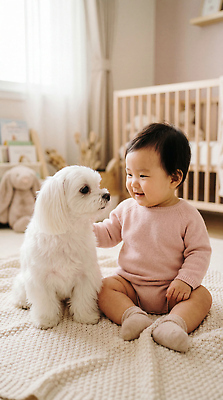 JPG 편집이미지 행복 가족 놀이 주택 웃음 장난감 귀여움 카펫 방 침대 아기 분위기 말티즈 강아지 부드러움 의료성형뷰티 편집실사 AI인물포토 AI콘텐츠 감정 가구 컨셉 관계 표정 사람 건물 반려동물 감각 개 CG 파일형식 AI포토