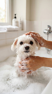 JPG 편집이미지 손 행복 털 물 반려동물 목욕 청결 기쁨 욕실 말티즈 개 씻기 비누 주인 의료성형뷰티 편집실사 AI인물포토 AI콘텐츠 자연요소 동물 감정 포유류 신체부위 위생용품 위생 CG 파일형식 AI포토