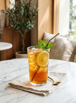 JPG 편집이미지 음료 탁자 빨대 장식 숟가락 얼음 카페 차가움 레몬 민트 레몬티 편집실사 AI포토 AI콘텐츠 자연요소 가구 과일 수저 상점 허브 CG 파일형식