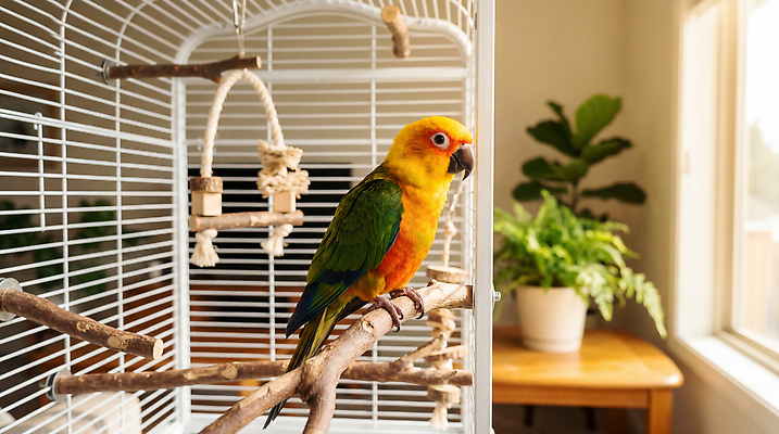 JPG 나무 식물 동물 편집이미지 자연 조류 생명 집안 반려동물 햇빛 창가 앵무새 새장 애완 편집실사 AI포토 AI콘텐츠 창문 실내 빛 CG 생태계 케이지 파일형식