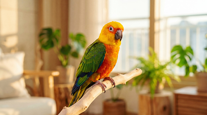 JPG 식물 동물 편집이미지 행복 거실 자연 집안 실내 반려동물 햇빛 나뭇가지 앵무새 편집실사 AI포토 AI콘텐츠 나무 감정 조류 내부 빛 CG 생태계 파일형식