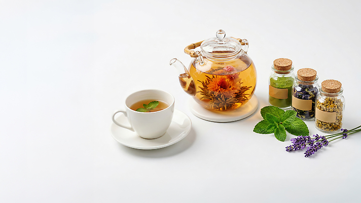 JPG 편집이미지 음료 주전자 티타임 컵 차 민트 허브 라벤더 꽃차 편집실사 AI포토 AI콘텐츠 식물 식기 꽃 주방용품 휴식 CG 파일형식