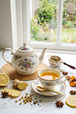 JPG 편집이미지 음료 주전자 티타임 따뜻함 컵 도자기 우아함 차 찻주전자 레몬 향신료 생강 편집실사 AI포토 AI콘텐츠 식기 컨셉 채소 과일 주방용품 휴식 CG 향미료 파일형식