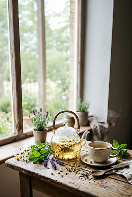 JPG 식물 편집이미지 창문 주전자 티타임 실내 요리 컵 차 허브 편집실사 AI포토 AI콘텐츠 식기 음료 주방용품 휴식 내부 CG 파일형식