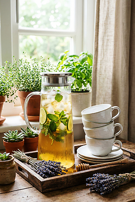 JPG 식물 편집이미지 음료 주전자 티타임 컵 햇빛 차 레몬 허브 오후 허브차 편집실사 AI포토 AI콘텐츠 식기 과일 주방용품 휴식 빛 CG 파일형식