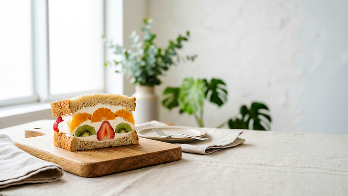 JPG 나무 식물 편집이미지 화분 음식 과일 아침 디저트 샌드위치 빛 창가 과일샌드위치 편집실사 AI포토 AI콘텐츠 주간 창문 CG 파일형식