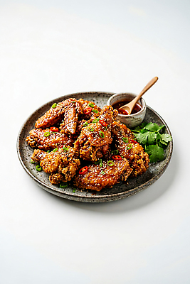 JPG 편집이미지 접시 음식 날개 고추 요리 식사 치킨 고명 맛 간장 쪽파 바삭바삭 편집실사 AI포토 AI콘텐츠 식기 컨셉 채소 양념 CG 파 닭고기요리 파일형식