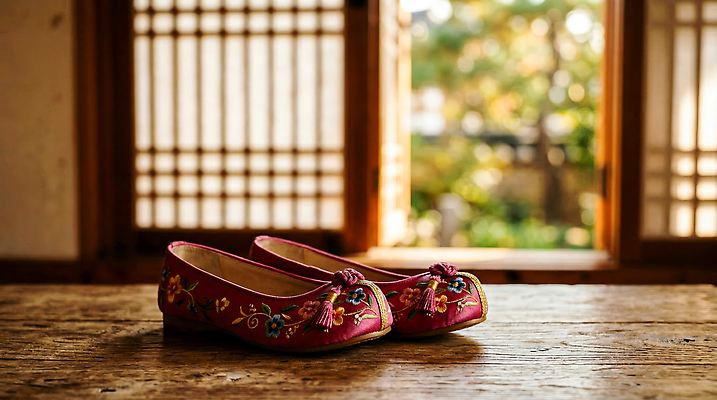 JPG 나무 편집이미지 전통 문화 분홍색 섬 신발 꽃무늬 창문 자연 탁자 한국 장식 빛 제주도 꽃신 전통신발 편집실사 AI포토 AI콘텐츠 식물 꽃 아시아 컬러 가구 무늬 전통소품 CG 생태계 파일형식