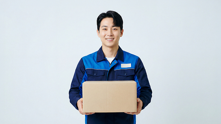 JPG 편집이미지 남자 유니폼 웃음 상자 업무 작업 택배기사 배송 오브젝트 서비스 택배상자 의료성형뷰티 편집실사 AI인물포토 AI콘텐츠 옷 표정 사람 배달원 CG 택배 파일형식 AI포토