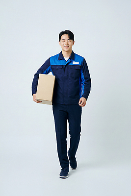 JPG 편집이미지 남자 유니폼 웃음 상자 걷기 운송업 업무 택배기사 배달원 배송 오브젝트 서비스 택배상자 의료성형뷰티 편집실사 AI인물포토 AI콘텐츠 직업 옷 산업 모션 표정 사람 작업 CG 택배 파일형식 AI포토