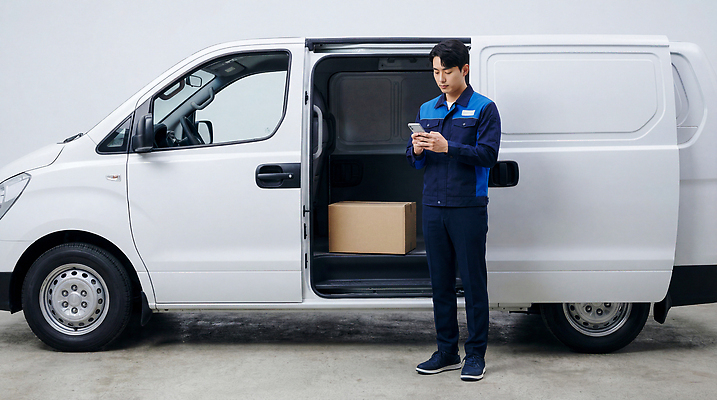 JPG 편집이미지 직업 남자 자동차 핸드폰 상자 운송업 작업 택배기사 상품 배송 확인 서비스 택배상자 물류 의료성형뷰티 편집실사 AI인물포토 AI콘텐츠 산업 육상교통 사람 전자제품 배달원 CG 택배 파일형식 AI포토