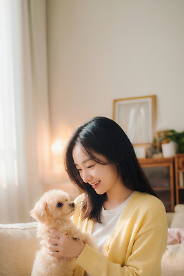 JPG 편집이미지 여자 행복 가정 포옹 따뜻함 한명 웃음 일상 반려동물 소파 햇빛 믿음 강아지 의료성형뷰티 편집실사 AI인물포토 AI콘텐츠 동물 1 감정 의자 안기 표정 사람 라이프 빛 개 CG 파일형식 AI포토