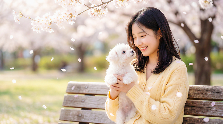 JPG 나무 동물 편집이미지 공원 여자 꽃잎 자연 한명 웃음 친구 반려동물 봄 벚꽃 강아지 즐거움 의료성형뷰티 편집실사 AI인물포토 AI콘텐츠 식물 1 계절 공공시설 꽃 감정 관계 표정 사람 개 CG 생태계 파일형식 AI포토