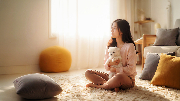 JPG 편집이미지 여자 반려견 가구 쿠션 안기 휴식 밝음 한명 앉기 일상 반려동물 햇빛 카펫 방 강아지 오후 의료성형뷰티 편집실사 AI인물포토 AI콘텐츠 동물 1 생활용품 컨셉 모션 사람 라이프 빛 개 CG 파일형식 AI포토
