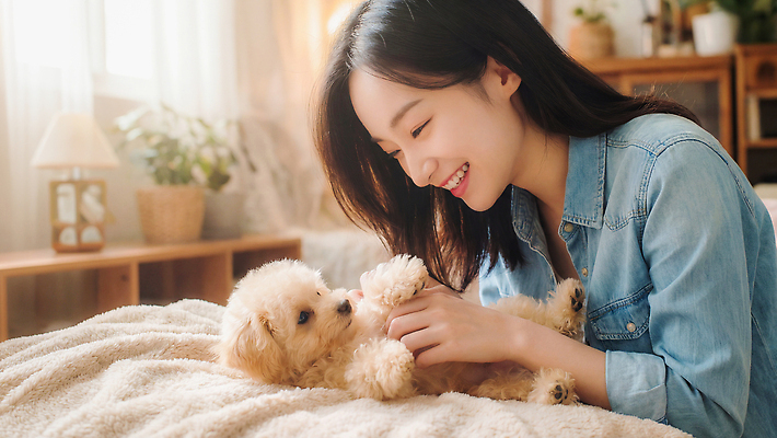 JPG 편집이미지 여자 행복 놀이 주택 털 따뜻함 한명 웃음 반려동물 귀여움 침대 시간 강아지 의료성형뷰티 편집실사 AI인물포토 AI콘텐츠 동물 1 감정 가구 컨셉 표정 사람 건물 개 CG 파일형식 AI포토