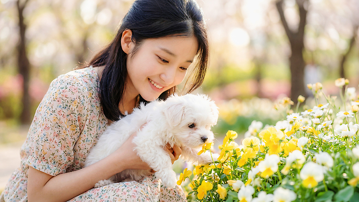 JPG 동물 편집이미지 여자 꽃 행복 꽃밭 자연 사랑 한명 웃음 야외 반려동물 봄 관찰 말티즈 강아지 의료성형뷰티 편집실사 AI인물포토 AI콘텐츠 식물 1 계절 감정 모션 표정 사람 개 CG 생태계 파일형식 AI포토