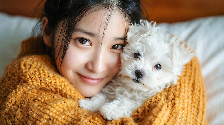 JPG 동물 편집이미지 여자 행복 포옹 실내 따뜻함 사랑 한명 미소 웃음 반려동물 말티즈 강아지 감싸기 의료성형뷰티 편집실사 AI인물포토 AI콘텐츠 1 감정 안기 모션 표정 사람 내부 개 CG 파일형식 AI포토
