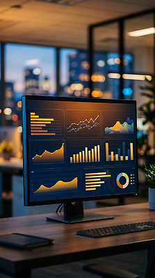 JPG 편집이미지 야경 비즈니스 그래프 조명 기술 컴퓨터 사무실 스크린 자료 정보 도시 작업 분석 오후 편집실사 AI포토 AI콘텐츠 컨셉 풍경 전자제품 밤 야간 CG 파일형식