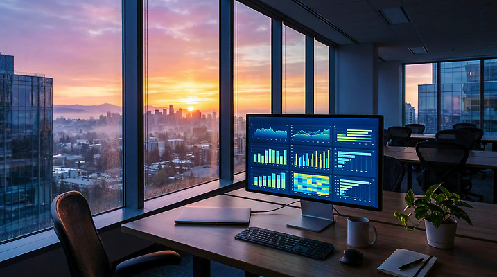 JPG 편집이미지 그래프 정보기술 컴퓨터 사무실 노을 스크린 자료 도시 업무 저녁 분석 경관 편집실사 AI포토 AI콘텐츠 자연요소 컨셉 비즈니스 기술 풍경 전자제품 작업 밤 야간 CG 파일형식
