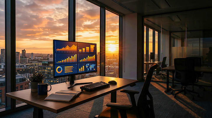 JPG 편집이미지 창문 통계 그래프 컴퓨터 사무실 태양 자료 일몰 도시 작업 책상 분석 편집실사 AI포토 AI콘텐츠 자연요소 가구 컨셉 비즈니스 전자제품 노을 CG 파일형식