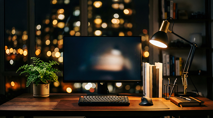 JPG 식물 편집이미지 야경 비즈니스 조명 책 빛 컴퓨터 사무실 모니터 깨끗함 키보드 도시 마우스 업무 저녁 책상 편집실사 AI포토 AI콘텐츠 가구 컨셉 풍경 전자제품 컴퓨터용품 작업 밤 야간 CG 파일형식