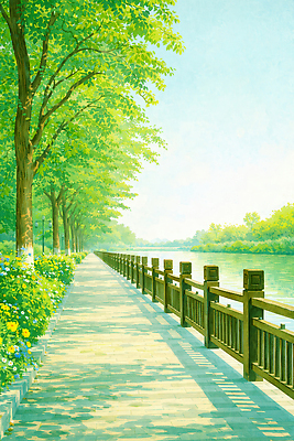 JPG 나무 공원 꽃 길 호수 꽃밭 일러스트 자연 바람 풍경 초록색 여름 강 햇빛 산책 산책로 보행자 숲 나무그늘 오후 국내일러스트 AI일러스트 AI콘텐츠 자연요소 식물 계절 공공시설 컬러 날씨 휴식 빛 그늘 생태계 파일형식 컨셉 시설