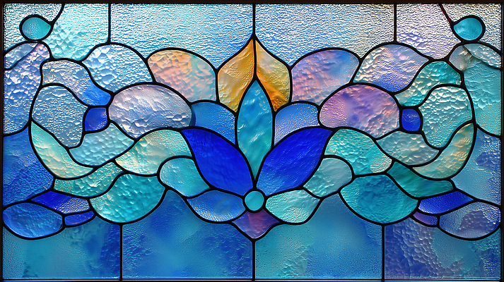 JPG 모양 편집이미지 디자인 꽃 예술 컬러 조각 창문 유리 장식 파란색 빛 반사 청록색 스테인드글라스 편집실사 AI포토 AI콘텐츠 식물 재질 CG 파일형식