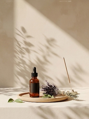 JPG 식물 편집이미지 잎 유리병 그림자 인테리어 갈색 분위기 허브 향기 아로마 아로마테라피 아로마오일 편집실사 AI포토 AI콘텐츠 디자인 컬러 컨셉 병_용기 오일_화장품 CG 냄새 테라피 파일형식