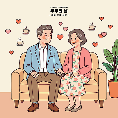 부부 여자 기념일 남자 행복 커피 일러스트 가족 함께함 사랑 웃음 소파 손잡기 노부부 하트 부부의날 국내일러스트 AI파일 모양 커플 감정 음료 컨셉 의자 관계 모션 표정 사람 이벤트 파일형식 벡터 가구 생활용품 오브젝트