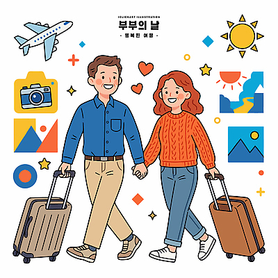 부부 여자 기념일 남자 행복 여행 일러스트 비행기 풍경 태양 캐리어 여행가방 손잡기 공항 즐거움 부부의날 국내일러스트 AI파일 자연요소 커플 감정 가방 항공교통 교통시설 모션 대중교통 사람 이벤트 파일형식 벡터