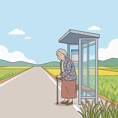 여자 노년 길 할머니 일러스트 지팡이 하늘 산 풍경 농경지 농사 시골 버스정류장 국내일러스트 AI파일 농업 사람 성인 농장 역 파일형식 벡터