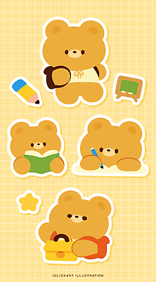 캐릭터 스티커 가방 일러스트 곰 책 학습 연필 귀여움 쓰는 오브젝트 엘리먼트 국내일러스트 AI파일 동물 잡화 교육 컨셉 포유류 학용품 필기구 파일형식 벡터
