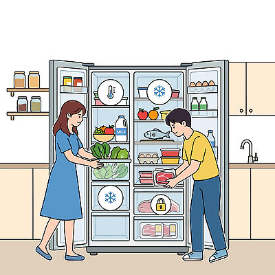 여자 남자 음료 음식 빵 채소 과일 일러스트 재료 건강 육류 요리 주방 우유 정리 냉장고 먹거리 식품안전의날 국내일러스트 AI파일 기념일 식재료 유제품 사람 가전제품 파일형식 벡터